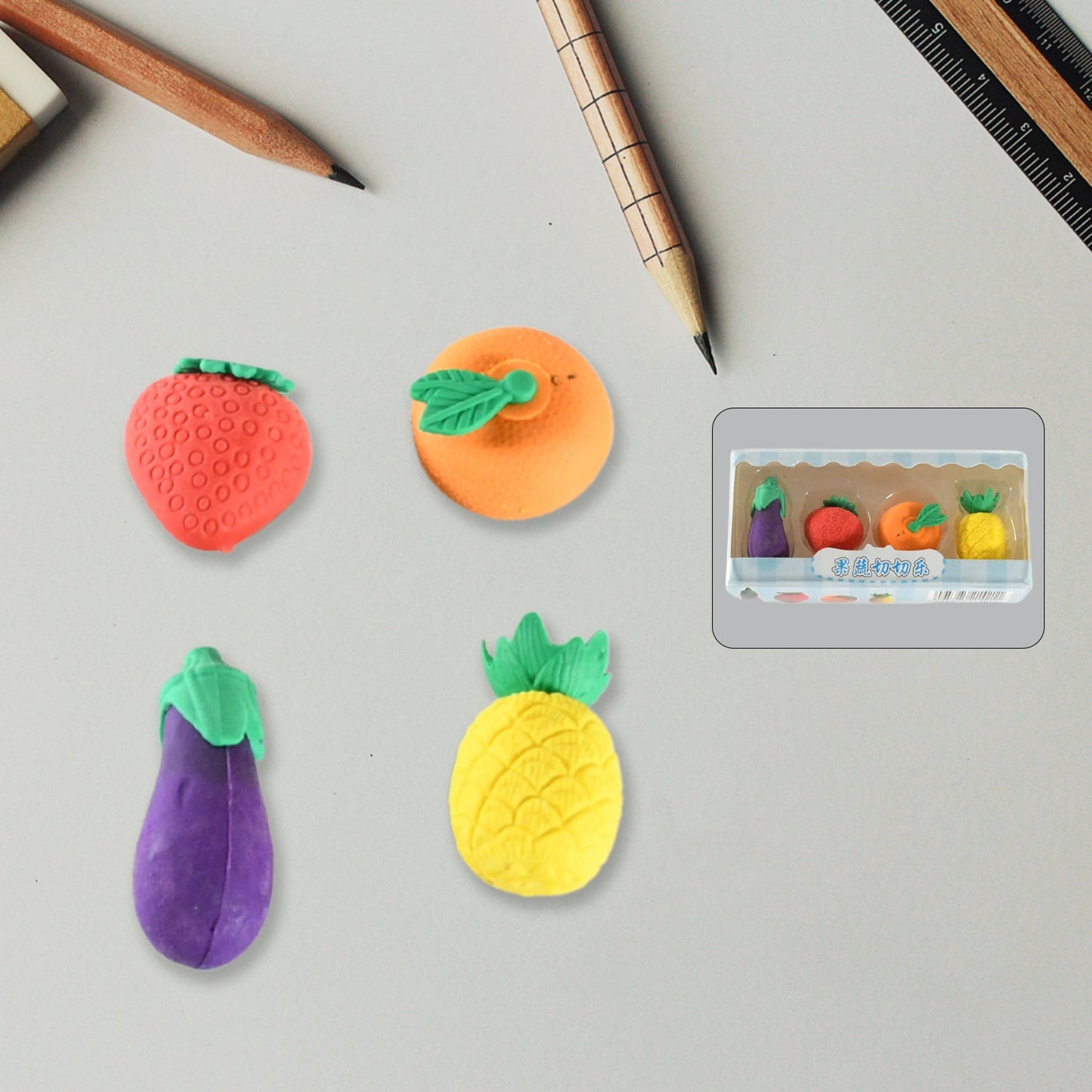 Mini Cute Veg & Fruit Erasers ? 3D Colorful Eraser Set for Kids (4 Pc)