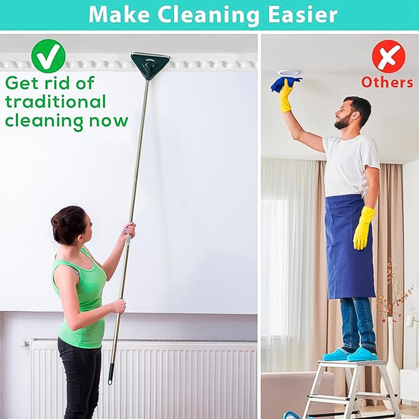 2-in-1 Extendable Triangle Mop ? Retractable, 360° Rotating, Telescopic & Reusable Mop Heads (1 Pc)