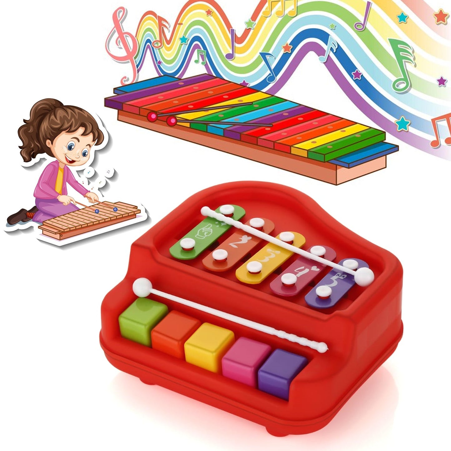 2 in 1 Baby Piano Xylophone Toy for Toddlers, 5 Multicolored Key Keyboard Xylophone Piano, Preschool Educational Musical Learning Instruments Toy for Baby Kids Girls Boys 3 Years (1 Pc)