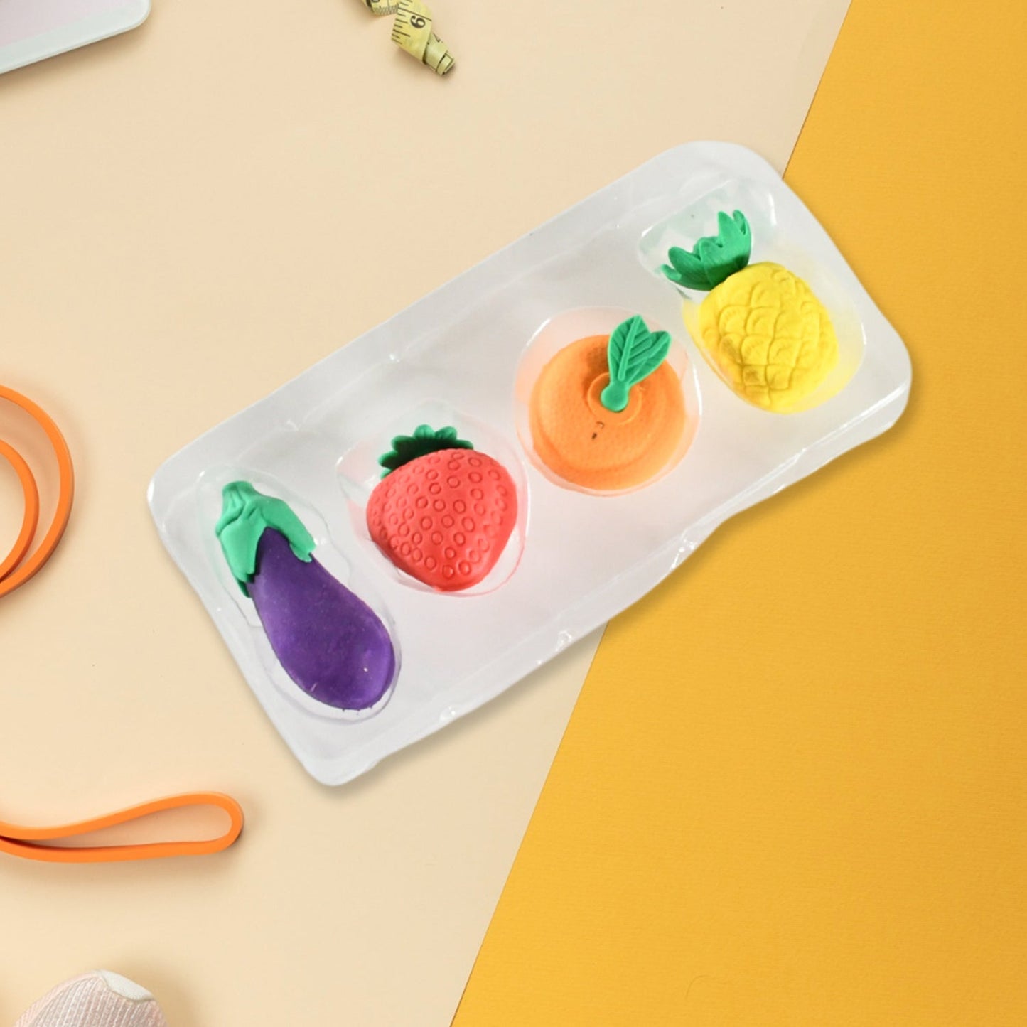 Mini Cute Veg & Fruit Erasers ? 3D Colorful Eraser Set for Kids (4 Pc)