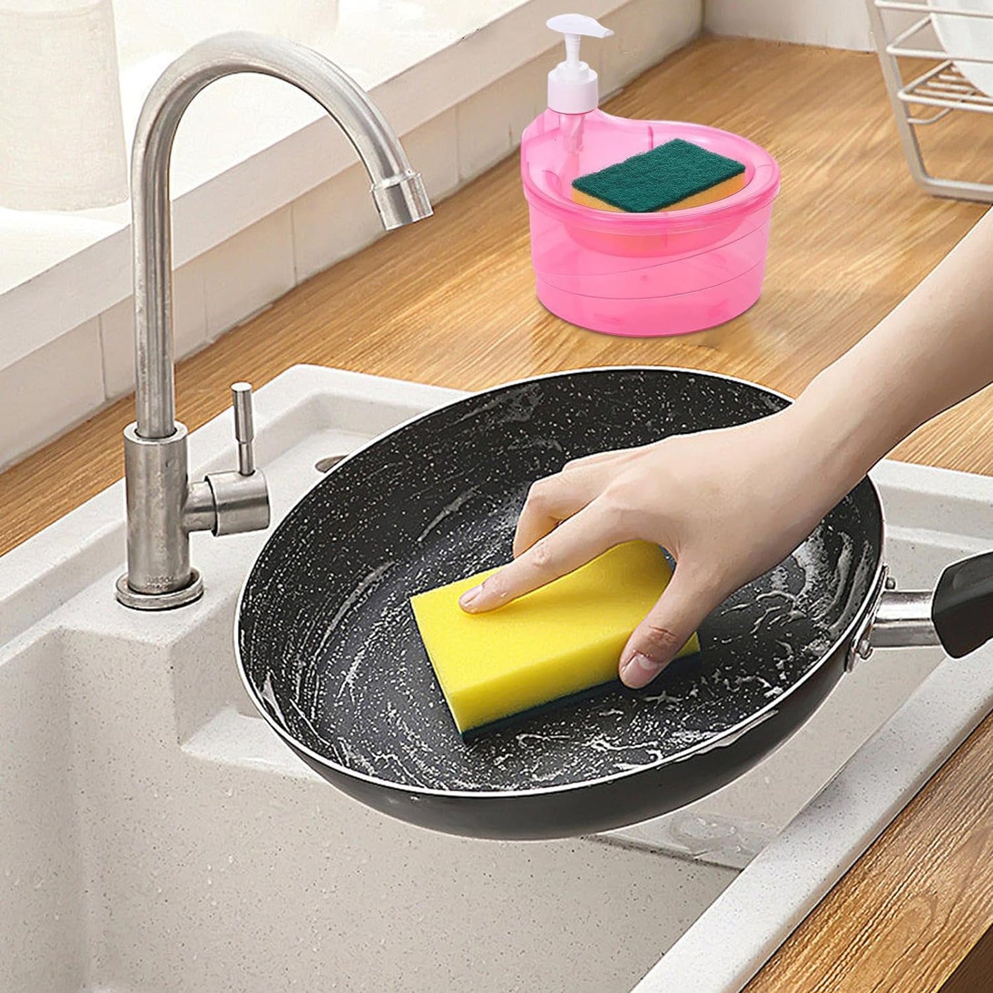 2-in-1 Double Layer Liquid Soap Dispenser with Pump & Sponge ? Practical Kitchen & Hotel Sink Soap Pump Bottle (Rectangle)