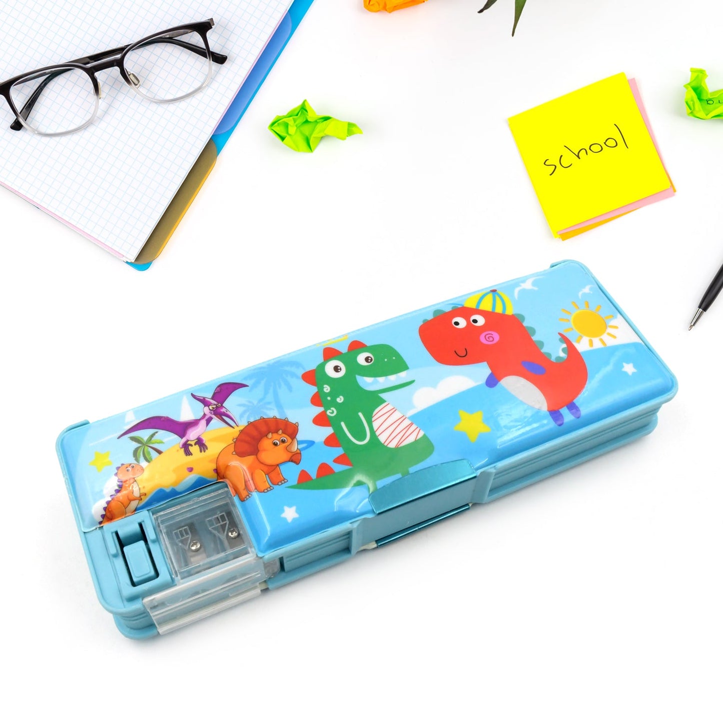 Plastic Multipurpose Compass Box ? Double Deck Pencil Case with 2 Compartments & Cartoon Organizer (1 Pc, Mix Design)