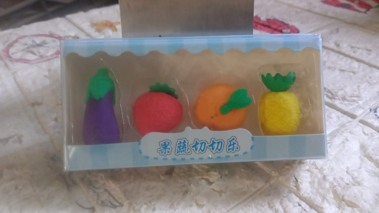 Mini Cute Veg & Fruit Erasers ? 3D Colorful Eraser Set for Kids (4 Pc)