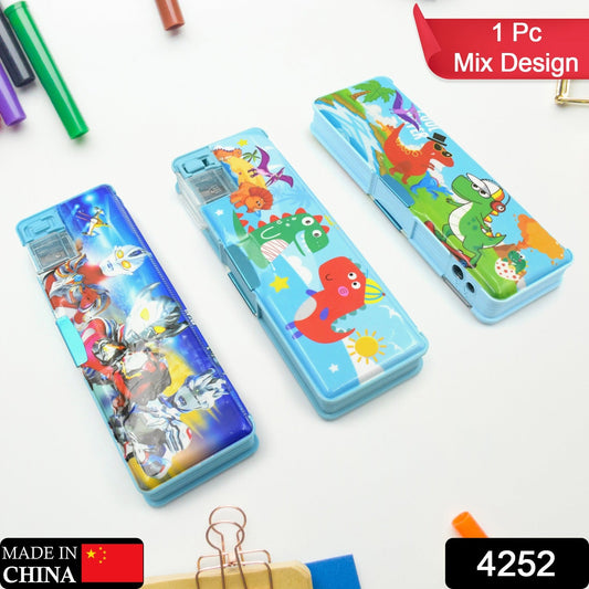 Plastic Multipurpose Compass Box ? Double Deck Pencil Case with 2 Compartments & Cartoon Organizer (1 Pc, Mix Design)