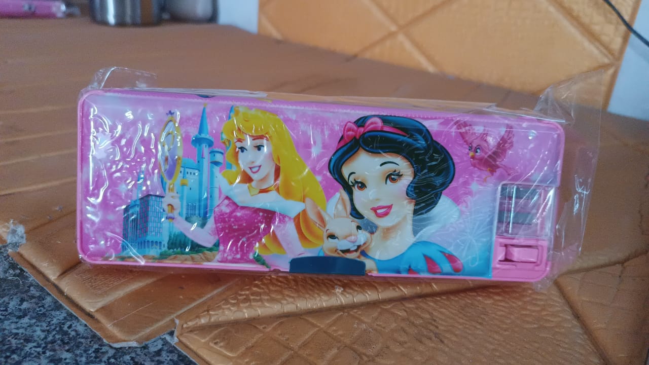 Plastic Multipurpose Compass Box ? Double Deck Pencil Case with 2 Compartments & Cartoon Organizer (1 Pc, Mix Design)