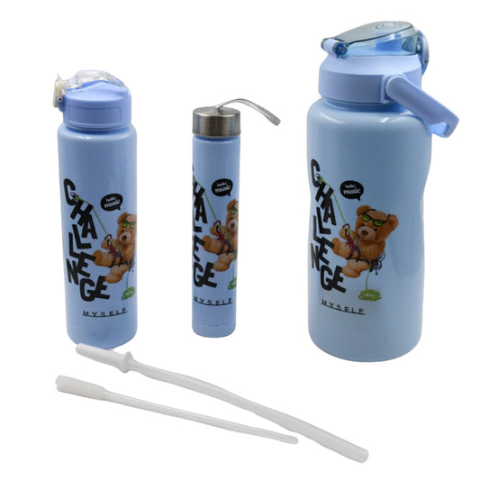 Plastic Water Bottle Set ? BPA-Free, Leak-Proof, Cartoon Design for Kids & Gym (3 Pc Set)