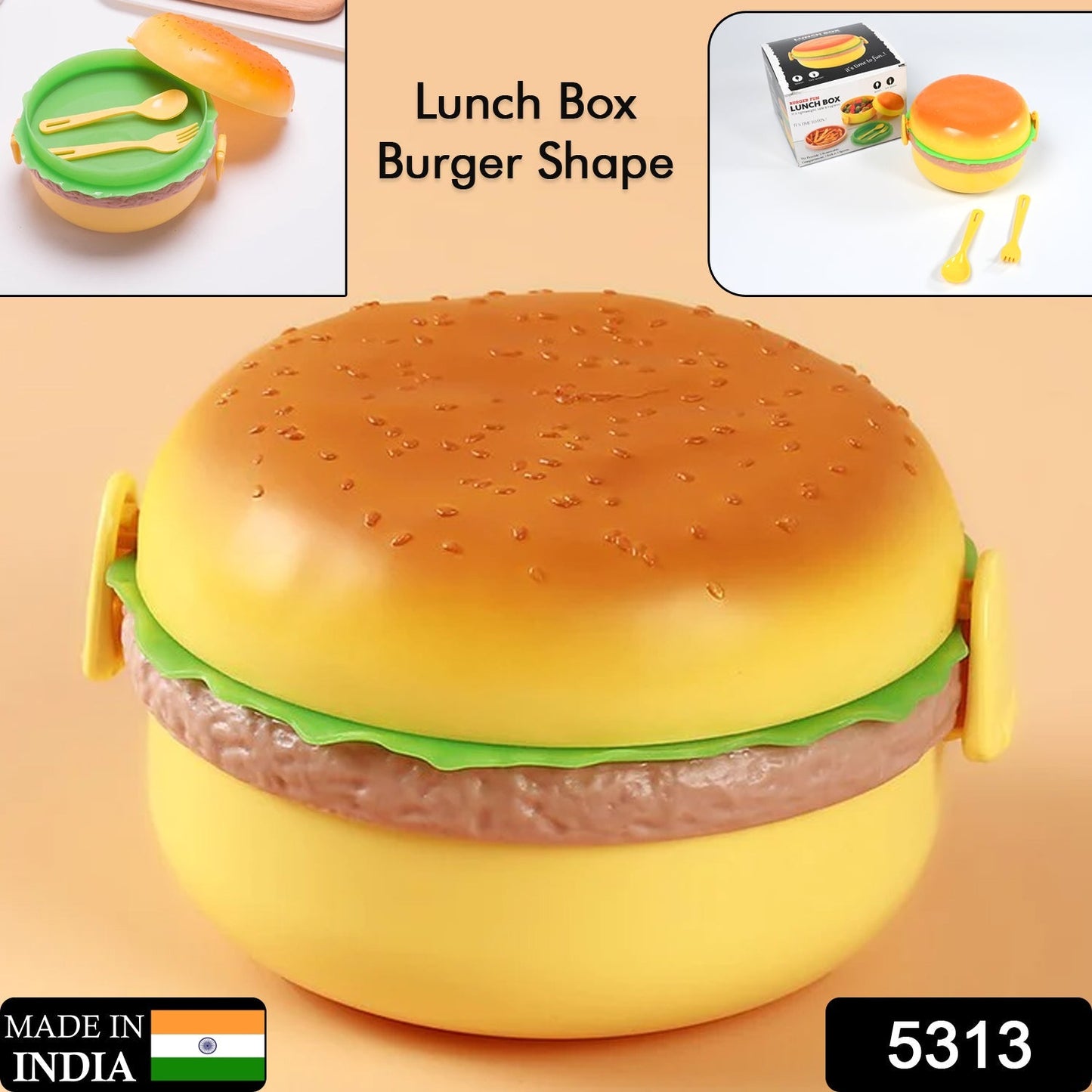 Burger Shape Lunch Box ? Double Layer 1000ml Food Container with 2 Spoons for Kids