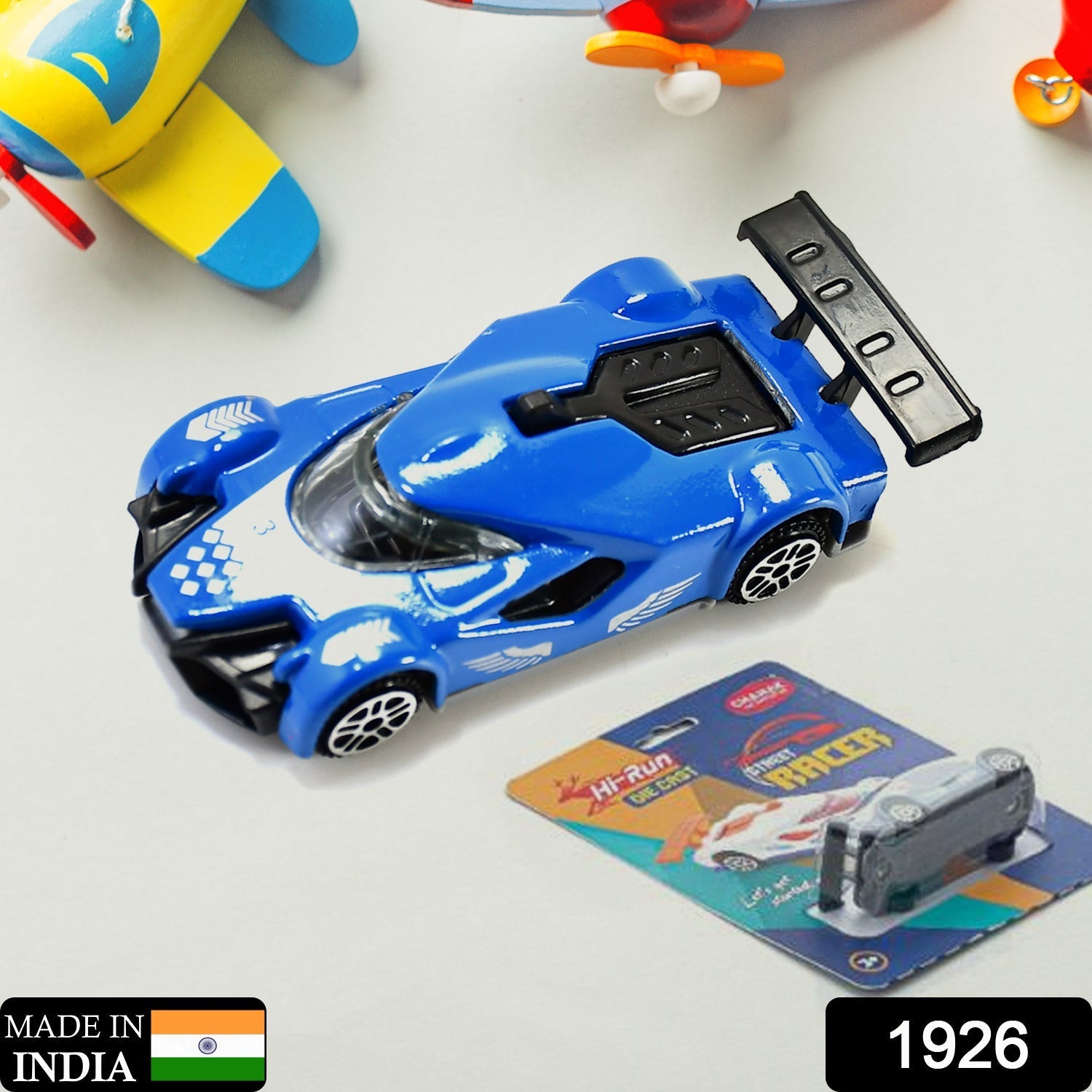 Die-cast metal race car toy, close-up, 3 years