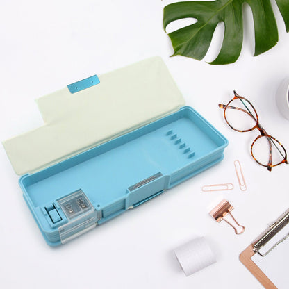 Plastic Multipurpose Compass Box ? Double Deck Pencil Case with 2 Compartments & Cartoon Organizer (1 Pc, Mix Design)