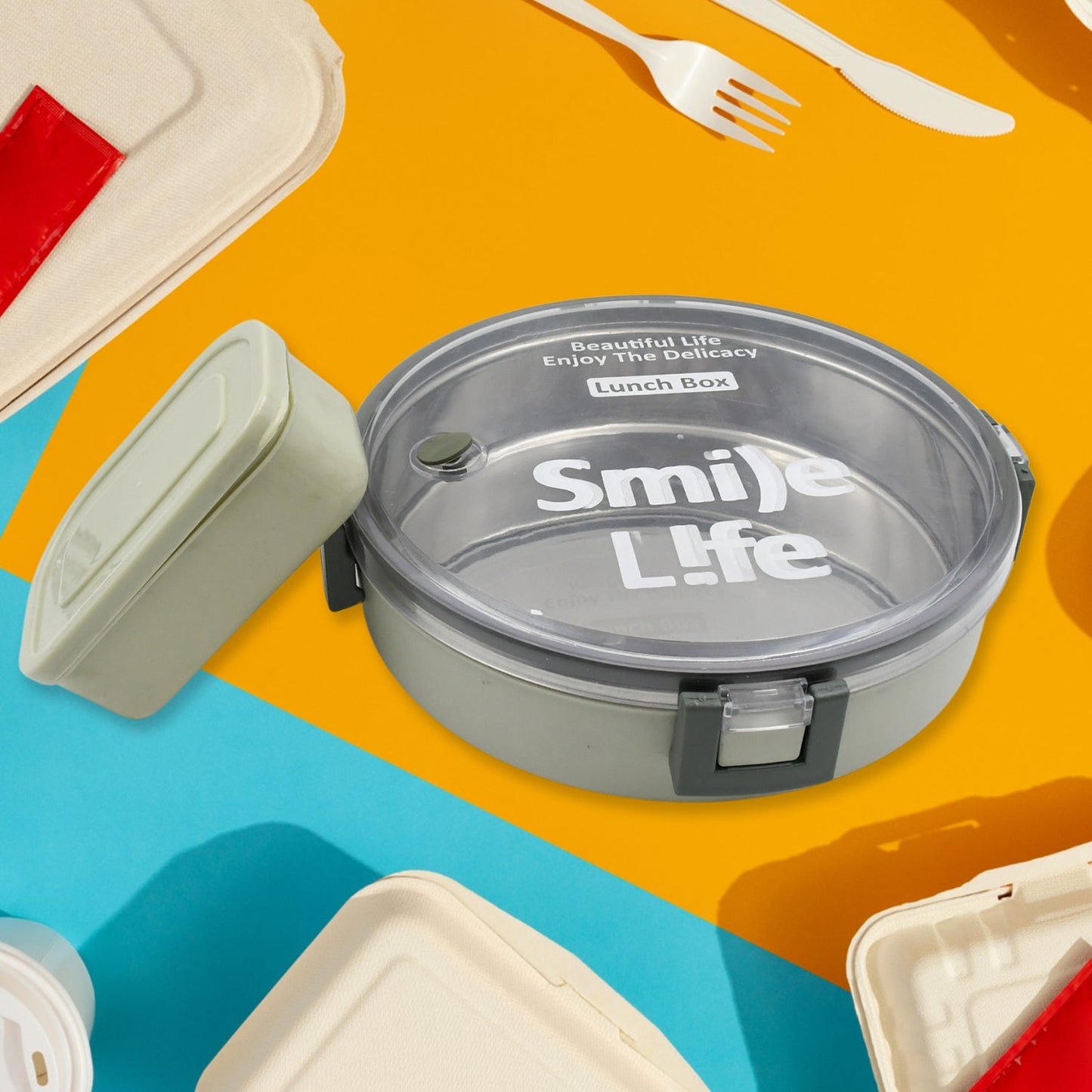 Miracle Stainless Steel Round Lunch Box, with Small Plastic Box Insert Leak Proof Lunch Box with Transparent lid, Lunch Box for Kids & Adults for School, Office (450 ML  250 ML Approx)