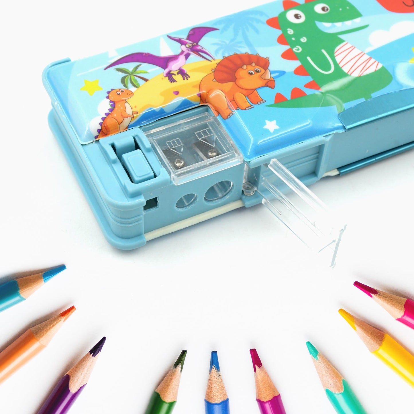 Plastic Multipurpose Compass Box ? Double Deck Pencil Case with 2 Compartments & Cartoon Organizer (1 Pc, Mix Design)