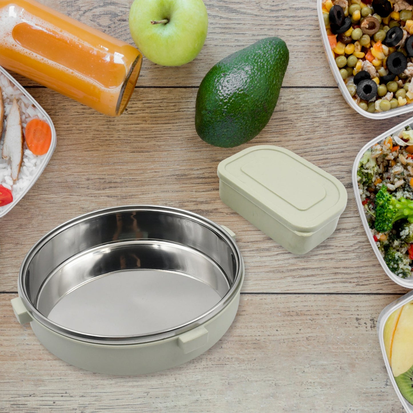 Miracle Stainless Steel Round Lunch Box, with Small Plastic Box Insert Leak Proof Lunch Box with Transparent lid, Lunch Box for Kids & Adults for School, Office (450 ML  250 ML Approx)