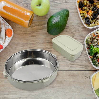 Miracle Stainless Steel Round Lunch Box, with Small Plastic Box Insert Leak Proof Lunch Box with Transparent lid, Lunch Box for Kids & Adults for School, Office (450 ML  250 ML Approx)