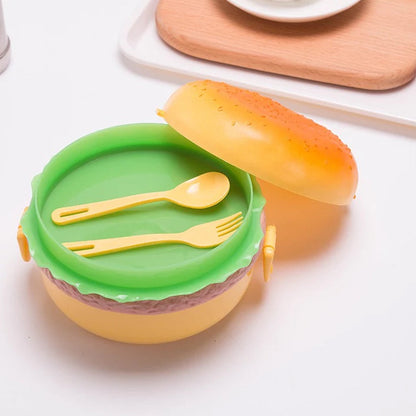 Burger Shape Lunch Box ? Double Layer 1000ml Food Container with 2 Spoons for Kids