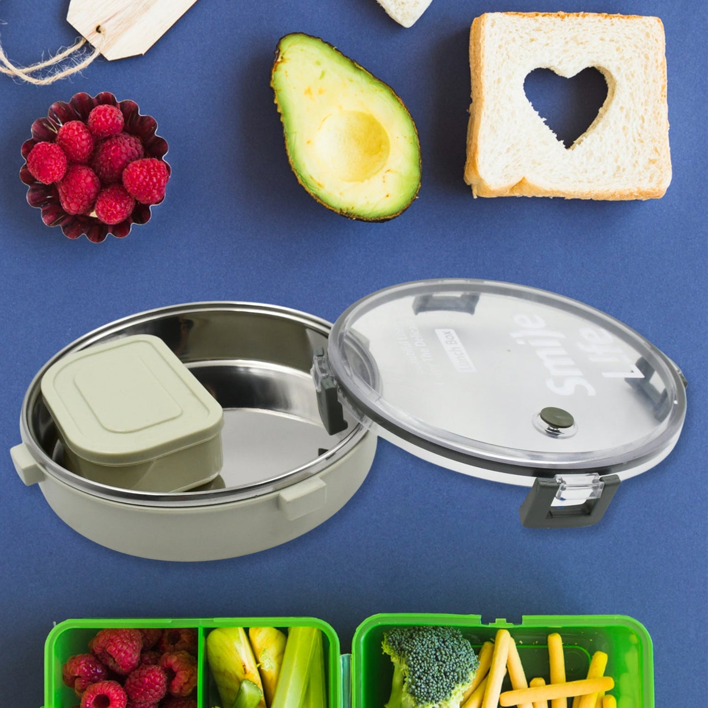 Miracle Stainless Steel Round Lunch Box, with Small Plastic Box Insert Leak Proof Lunch Box with Transparent lid, Lunch Box for Kids & Adults for School, Office (450 ML  250 ML Approx)