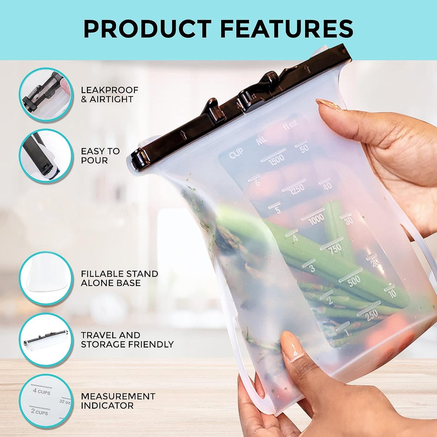 Reusable Silicone Food Storage Bag ? Leakproof, Flat Bottom, Freezer & Microwave Safe, BPA-Free Snack & Sandwich Bag (1 Pc)
