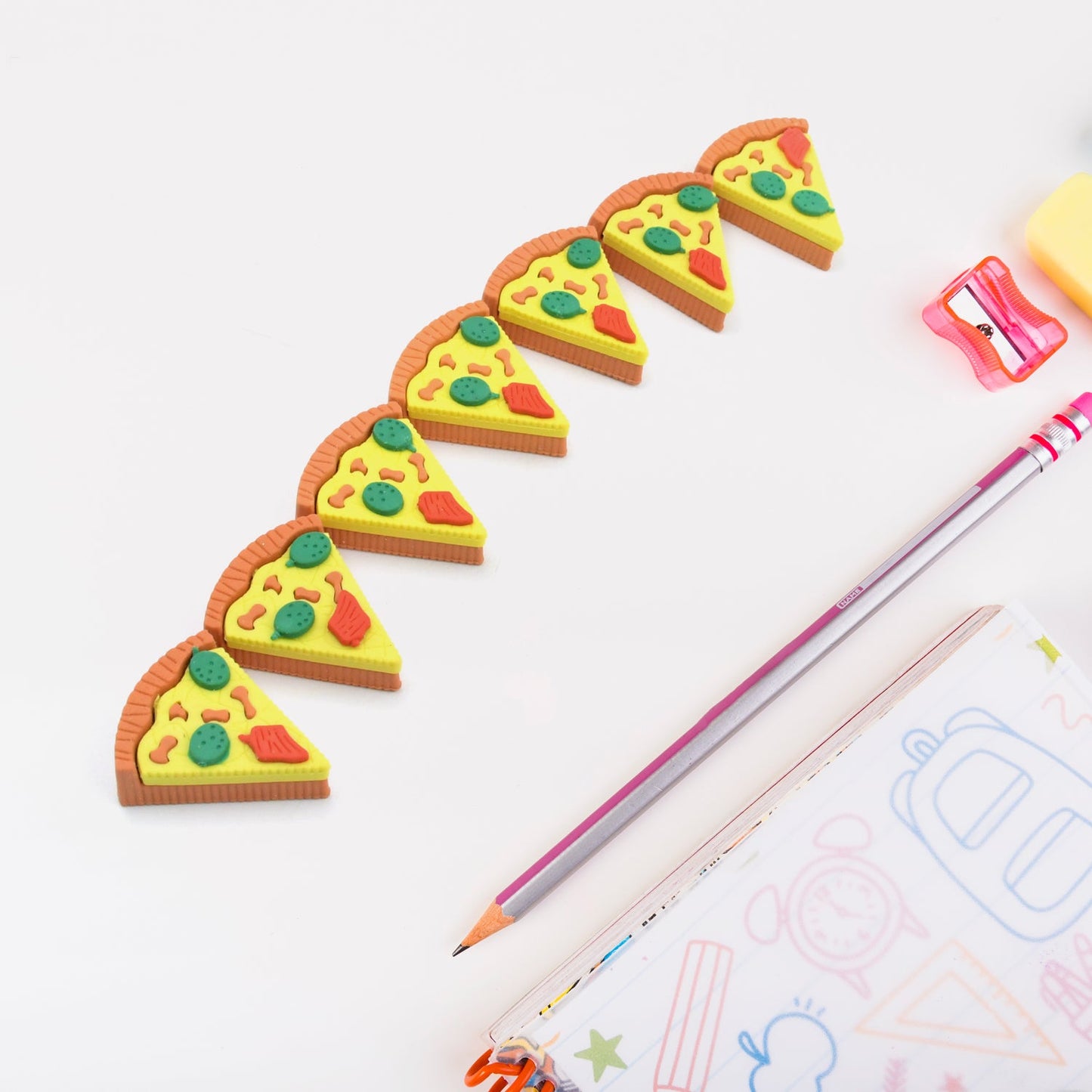 3D Pizza Slices Eraser Set ? Fancy & Colorful Stationery for Kids & Gifts (7 slice)