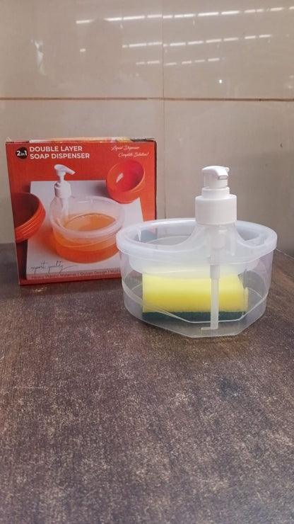 2-in-1 Double Layer Liquid Soap Dispenser with Pump & Sponge ? Practical Kitchen & Hotel Sink Soap Pump Bottle (Rectangle)