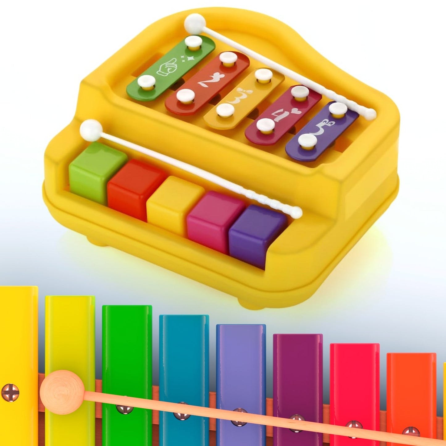 2 in 1 Baby Piano Xylophone Toy for Toddlers, 5 Multicolored Key Keyboard Xylophone Piano, Preschool Educational Musical Learning Instruments Toy for Baby Kids Girls Boys 3 Years (1 Pc)
