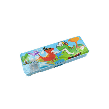 Plastic Multipurpose Compass Box ? Double Deck Pencil Case with 2 Compartments & Cartoon Organizer (1 Pc, Mix Design)