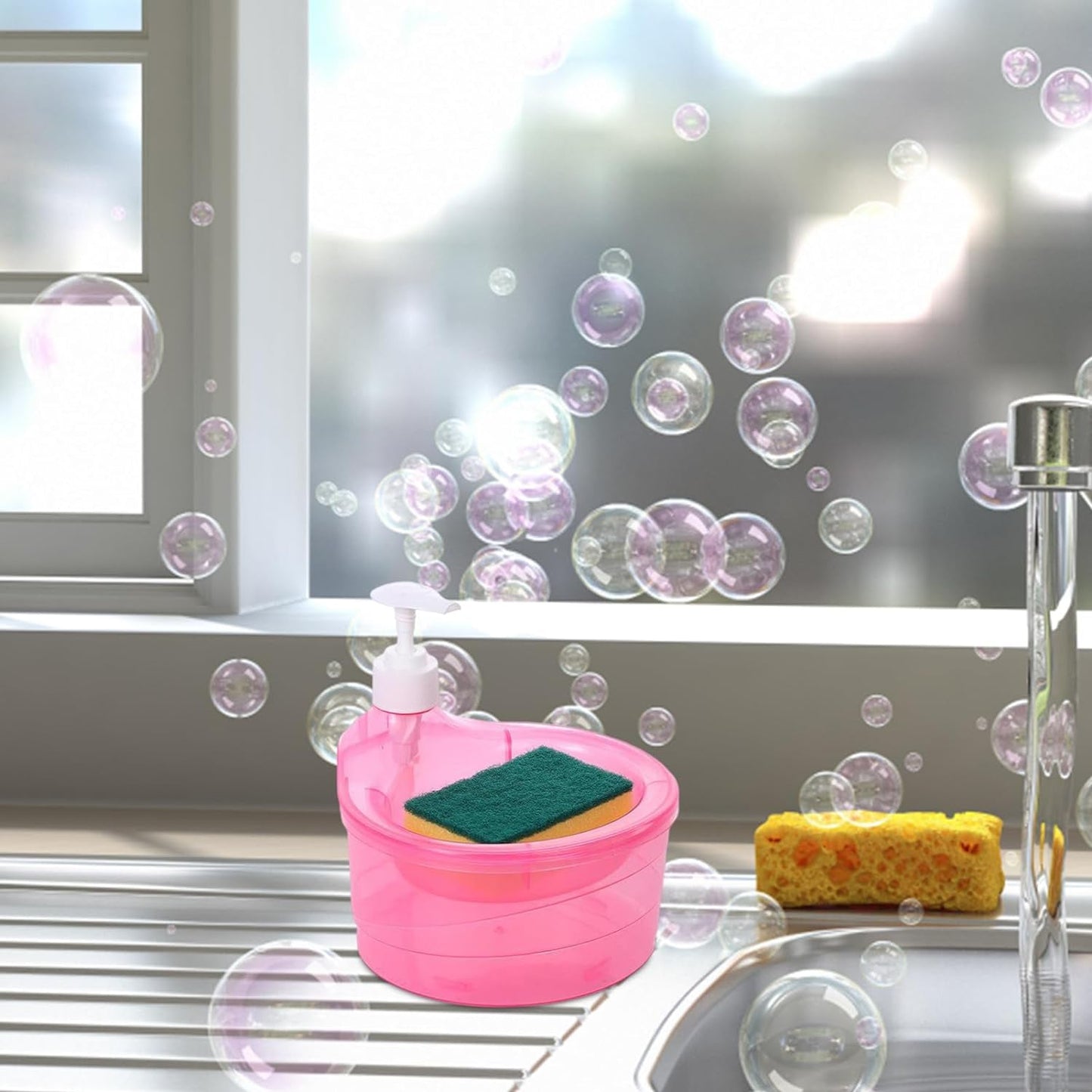 2-in-1 Double Layer Liquid Soap Dispenser with Pump & Sponge ? Practical Kitchen & Hotel Sink Soap Pump Bottle (Rectangle)
