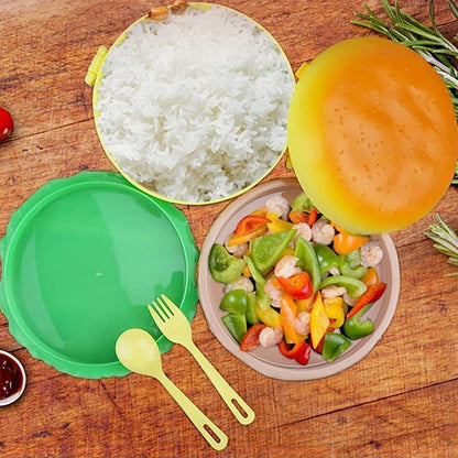 Burger Shape Lunch Box ? Double Layer 1000ml Food Container with 2 Spoons for Kids