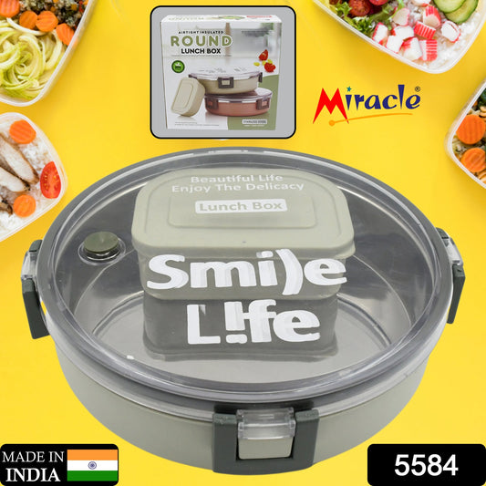 Miracle Stainless Steel Round Lunch Box, with Small Plastic Box Insert Leak Proof Lunch Box with Transparent lid, Lunch Box for Kids & Adults for School, Office (450 ML  250 ML Approx)