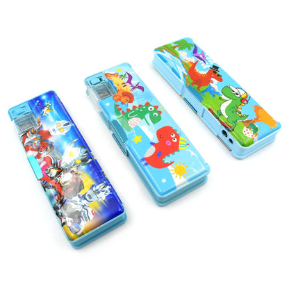 Plastic Multipurpose Compass Box ? Double Deck Pencil Case with 2 Compartments & Cartoon Organizer (1 Pc, Mix Design)