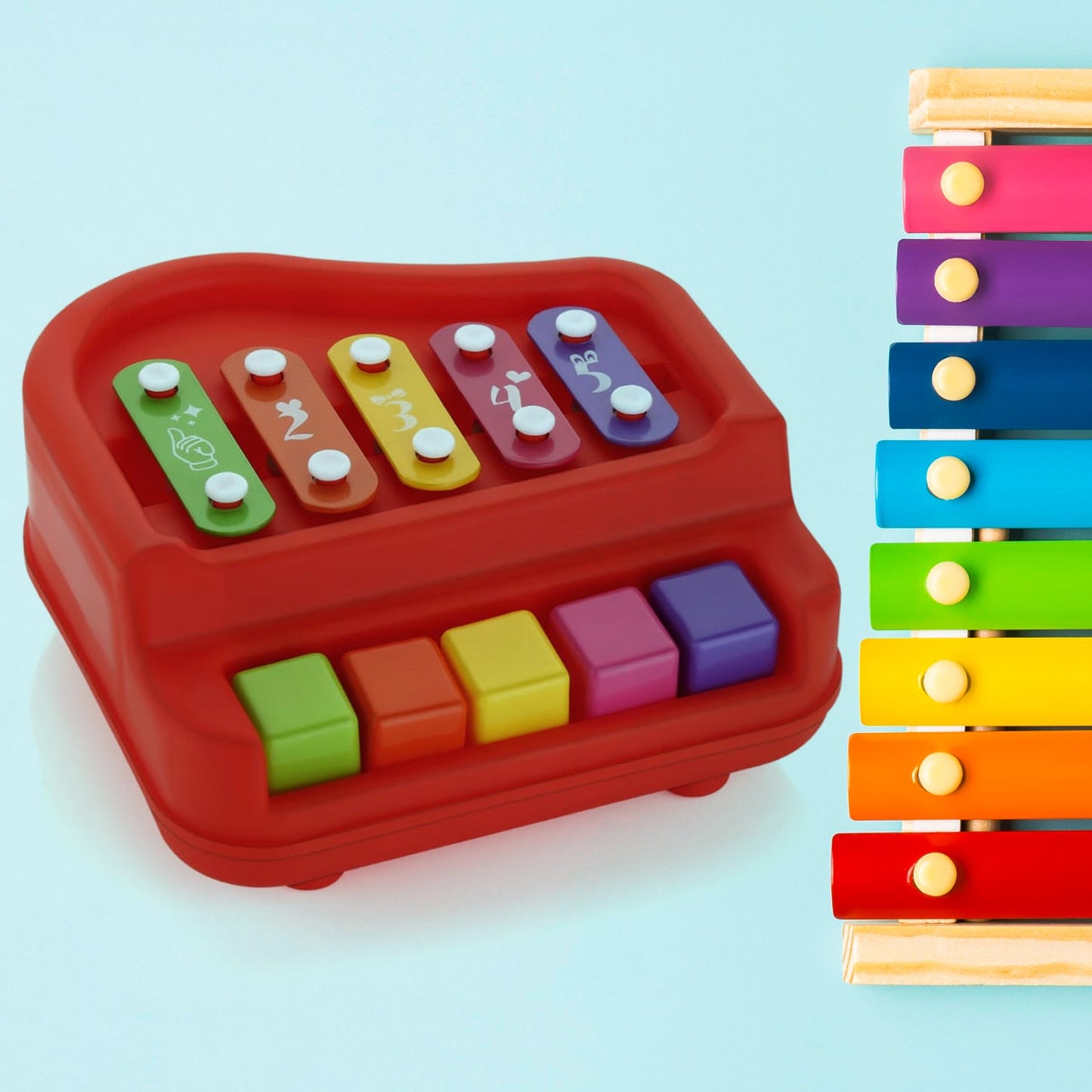 2 in 1 Baby Piano Xylophone Toy for Toddlers, 5 Multicolored Key Keyboard Xylophone Piano, Preschool Educational Musical Learning Instruments Toy for Baby Kids Girls Boys 3 Years (1 Pc)
