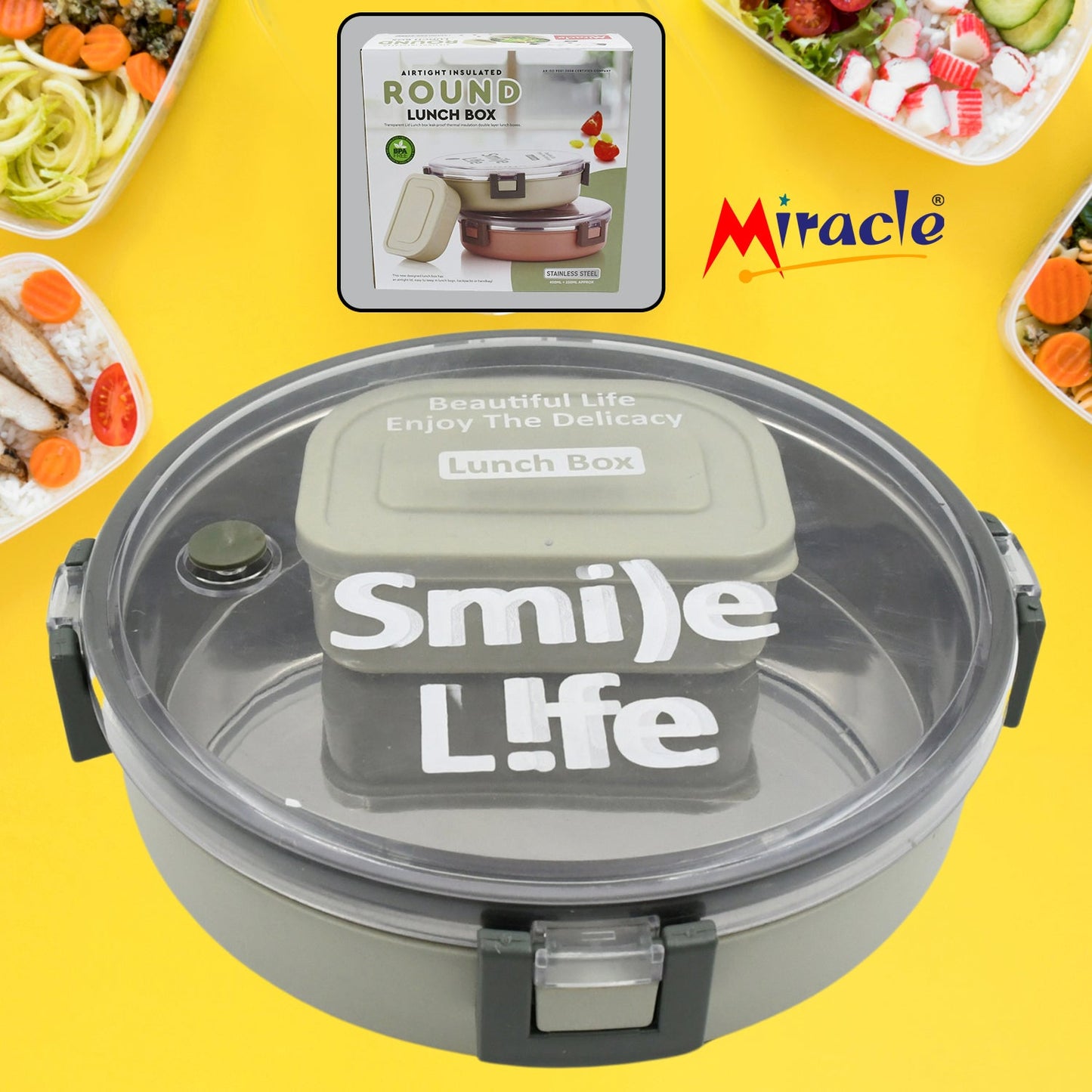 Miracle Stainless Steel Round Lunch Box, with Small Plastic Box Insert Leak Proof Lunch Box with Transparent lid, Lunch Box for Kids & Adults for School, Office (450 ML  250 ML Approx)