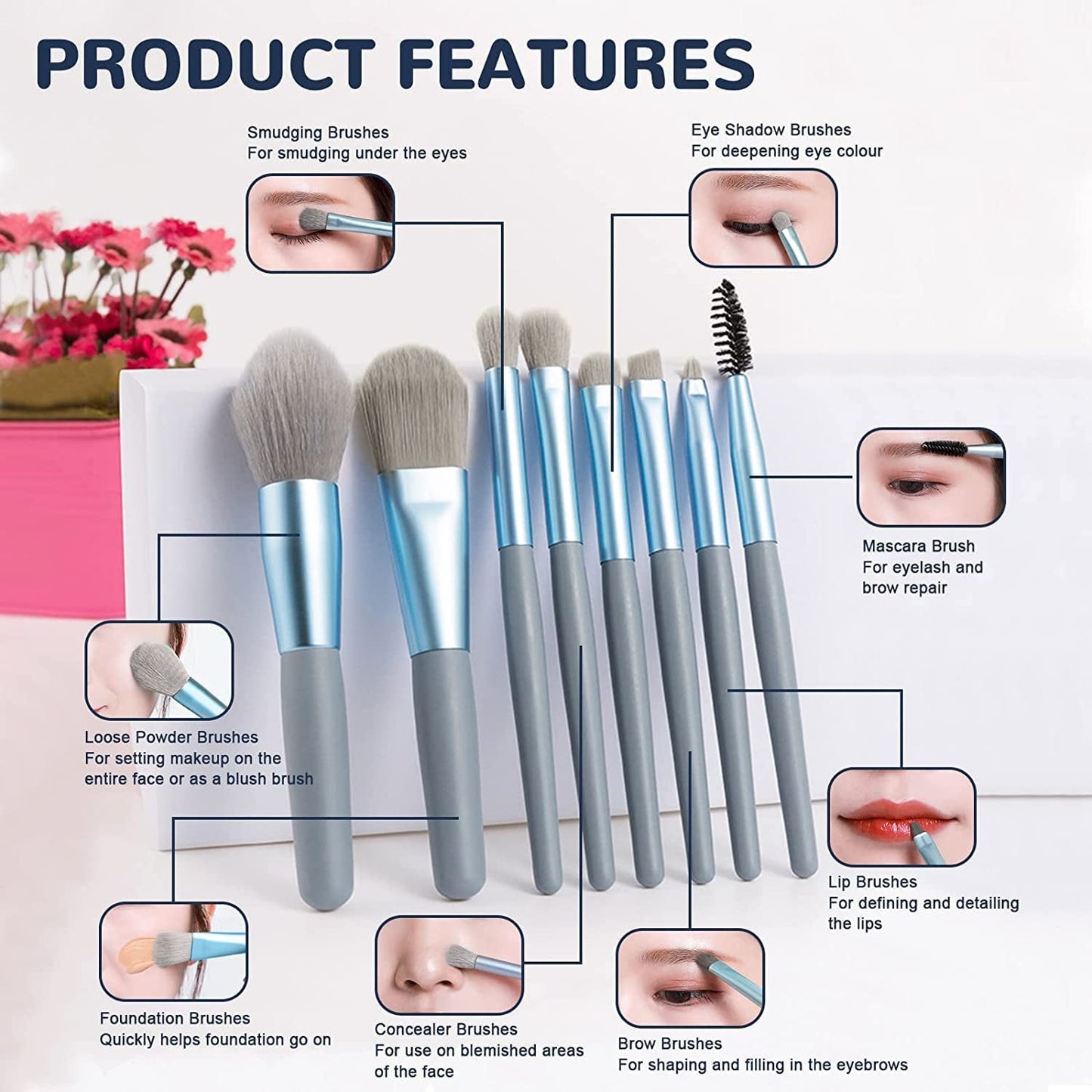 8-Piece Mini Makeup Brush Kit ? Portable Premium Synthetic Set with Case (Mix Colors)