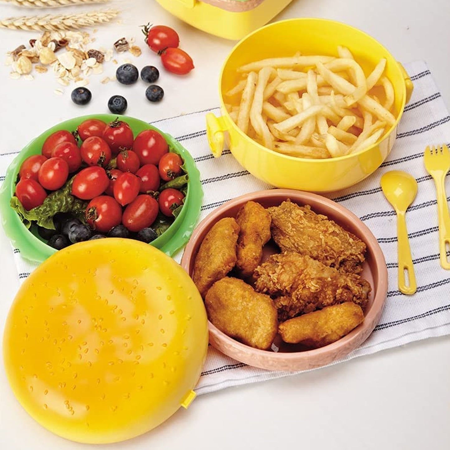 Burger Shape Lunch Box ? Double Layer 1000ml Food Container with 2 Spoons for Kids
