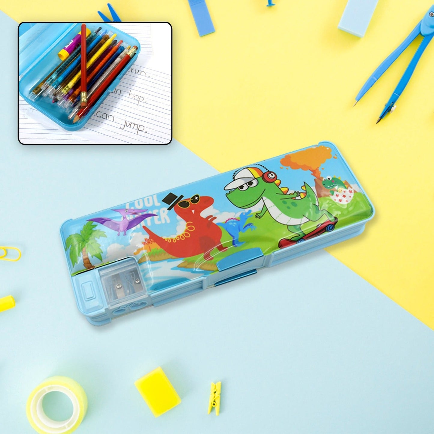 Plastic Multipurpose Compass Box ? Double Deck Pencil Case with 2 Compartments & Cartoon Organizer (1 Pc, Mix Design)
