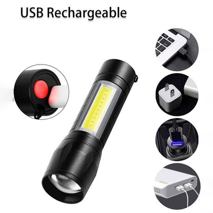 LED USB Rechargeable Mini Flashlight ? Ultra-Bright Zoom & COB Side Lantern, Tactical Emergency Light