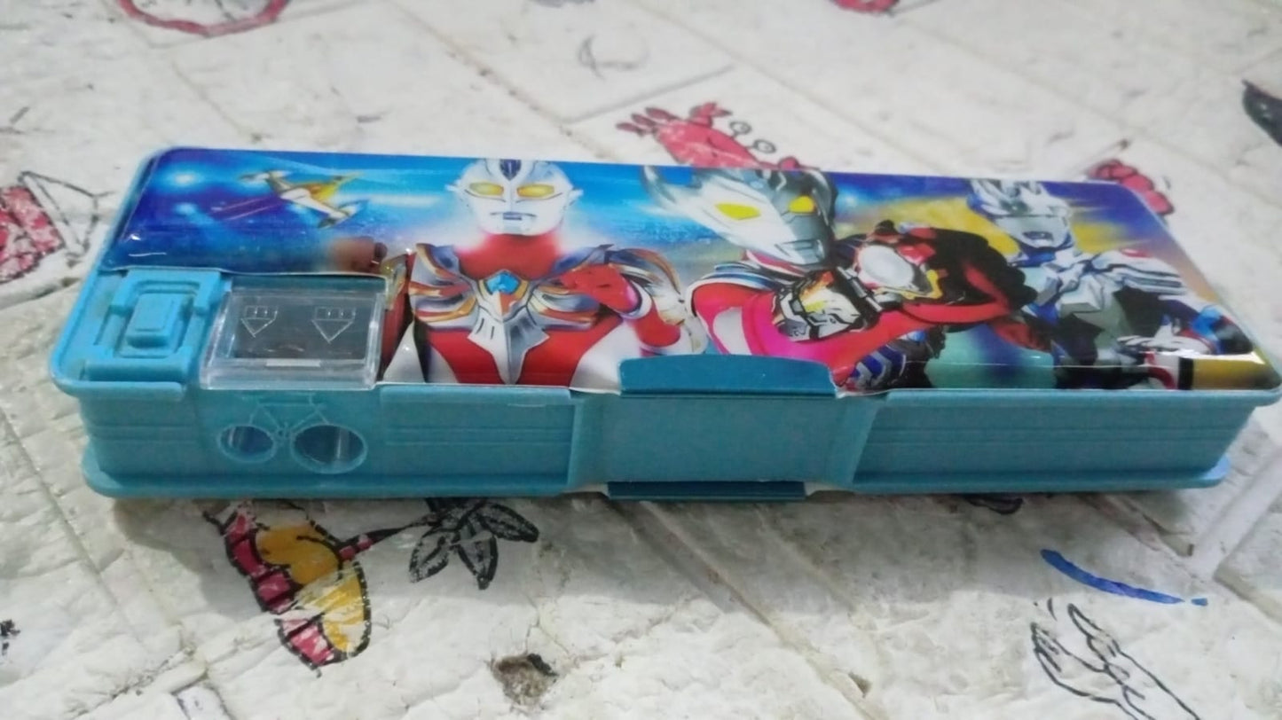 Plastic Multipurpose Compass Box ? Double Deck Pencil Case with 2 Compartments & Cartoon Organizer (1 Pc, Mix Design)