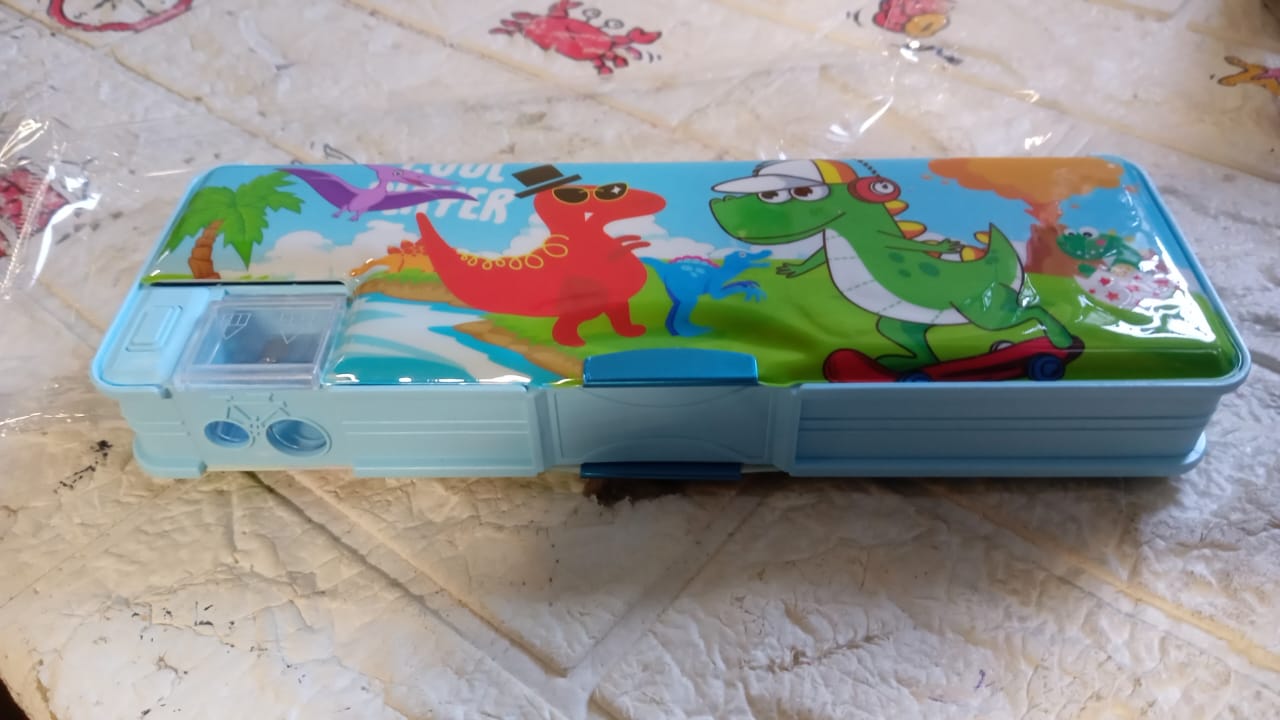 Plastic Multipurpose Compass Box ? Double Deck Pencil Case with 2 Compartments & Cartoon Organizer (1 Pc, Mix Design)
