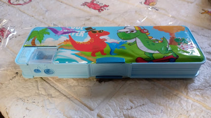 Plastic Multipurpose Compass Box ? Double Deck Pencil Case with 2 Compartments & Cartoon Organizer (1 Pc, Mix Design)