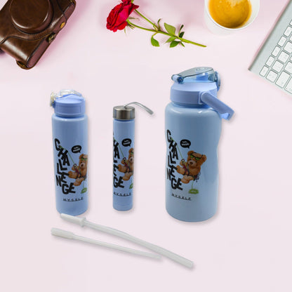 Plastic Water Bottle Set ? BPA-Free, Leak-Proof, Cartoon Design for Kids & Gym (3 Pc Set)
