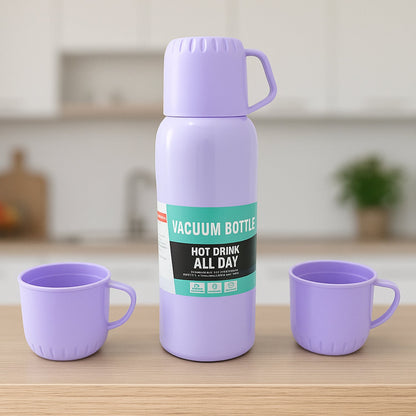 Vacuum Flask Set ? Stainless Steel Thermos with 3 Cups, Approx 500ml