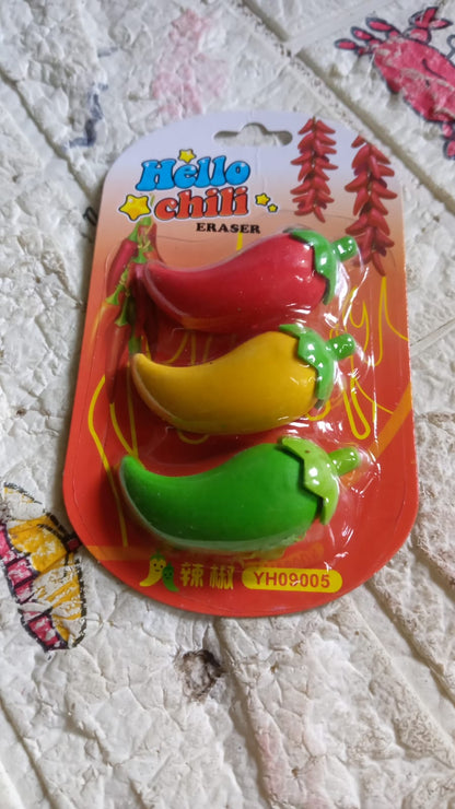 3D Fancy Colorful Chili Shape Erasers ? Mini Novelty Eraser Set (3 Pc)