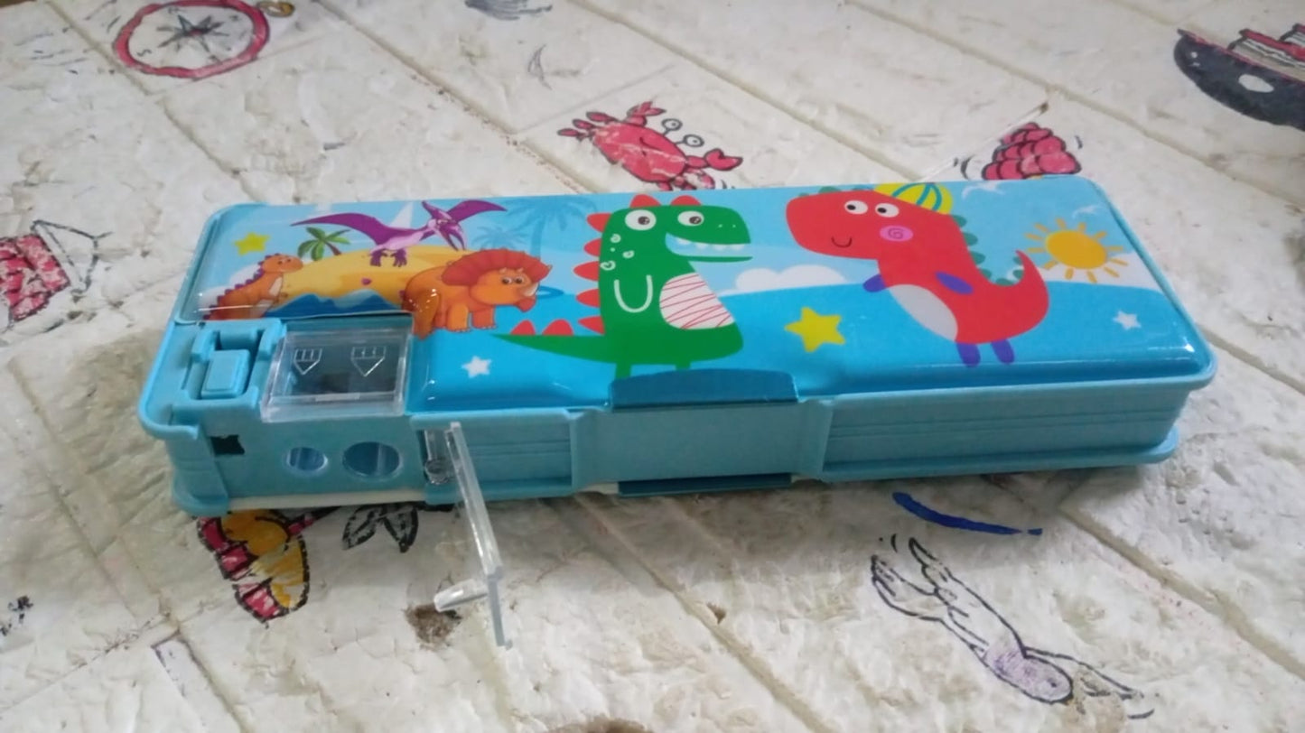 Plastic Multipurpose Compass Box ? Double Deck Pencil Case with 2 Compartments & Cartoon Organizer (1 Pc, Mix Design)