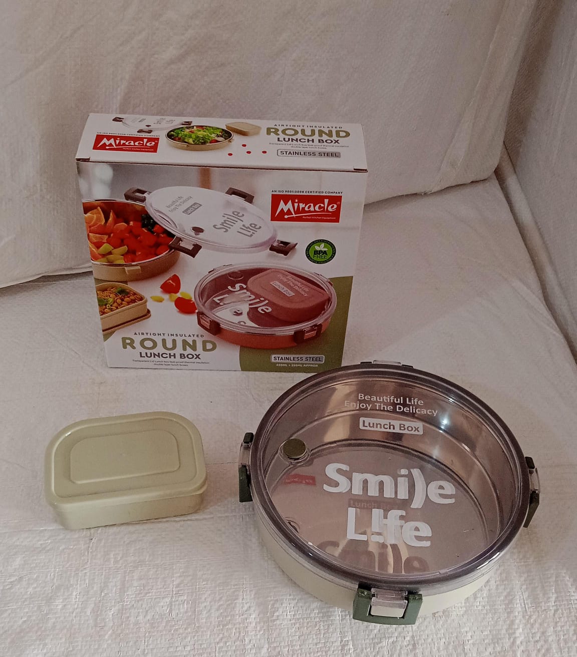 Miracle Stainless Steel Round Lunch Box, with Small Plastic Box Insert Leak Proof Lunch Box with Transparent lid, Lunch Box for Kids & Adults for School, Office (450 ML  250 ML Approx)